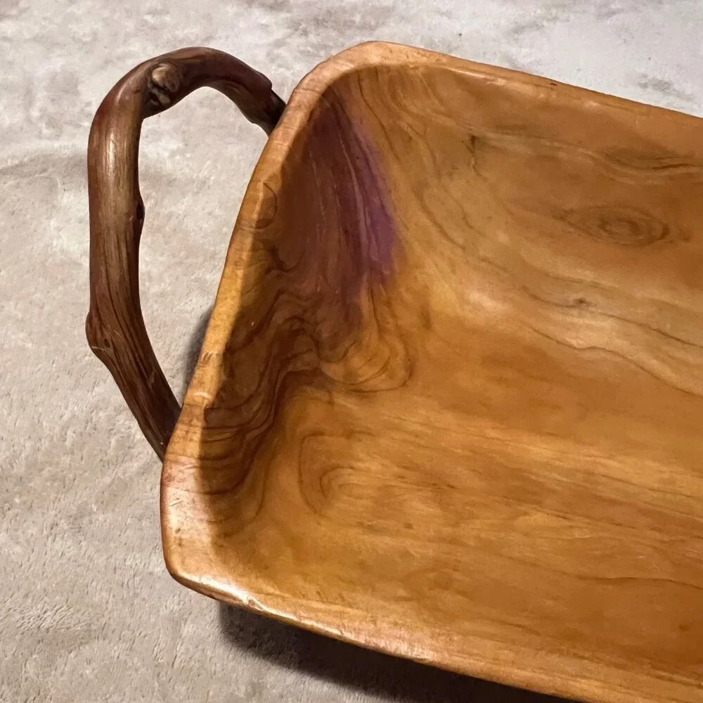 Hand Carved Burl Wood Handled Bowl/ Basket Rustic Exotic Resort Bread Fruit Trin